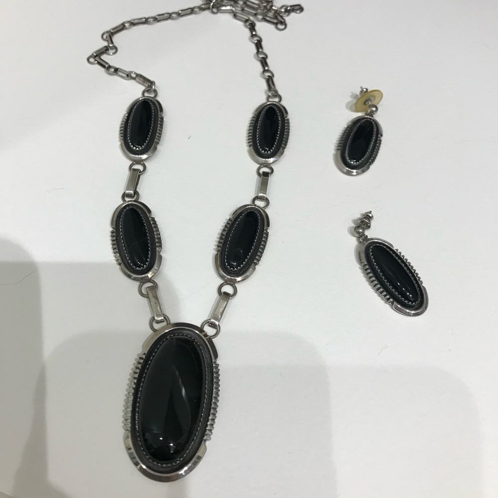 Black Obsidian and Sterling Silver Pendant with matching earrings